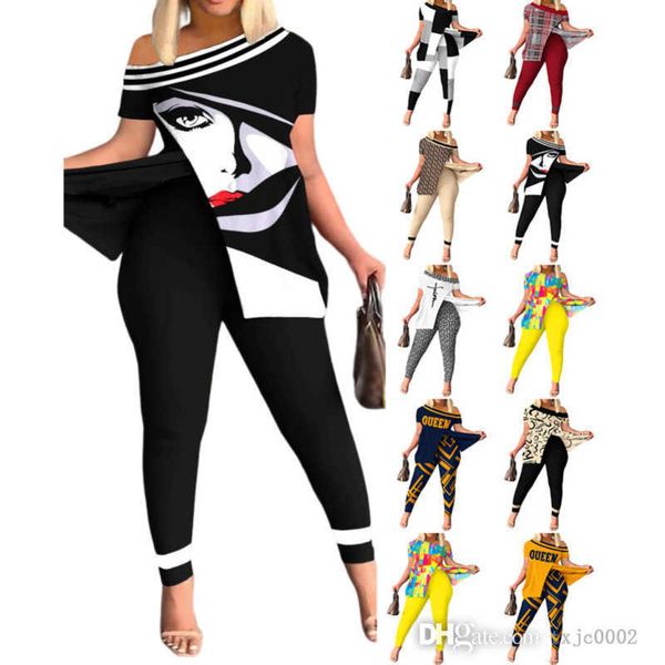 Sommer 3xl Frauen zweiteilige Hosen Outfits sexy unregelmäßige kurze Ärmel One Of Schultertife und Leggings Anzug Matching Set