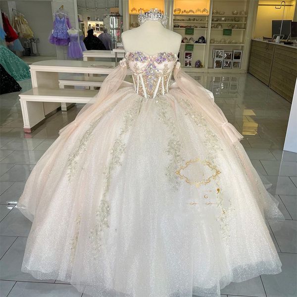 Champagne scintillanti abiti Quinceanera di lusso applique di cristallo manica lunga con spalle scoperte abito da ballo festa di compleanno abiti da 15 anos