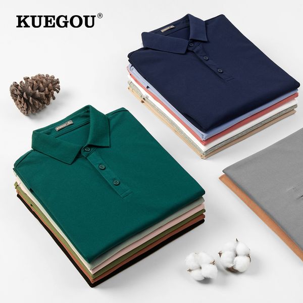 Mens Polos Kuegou Summer Men Shirt Polo Mangas curtas Lappels de alta qualidade Moda respirável cor sólida Slim Top Plus Tamanho 6498 230328
