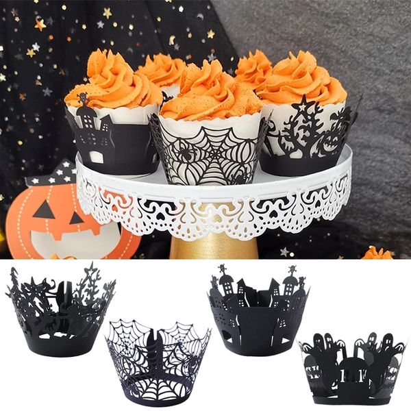 Involucri per cupcake di Halloween Tazza da forno Scava fuori Black Cat Spider Castle Zucca Paper Cake Wrapper Decorazioni per feste