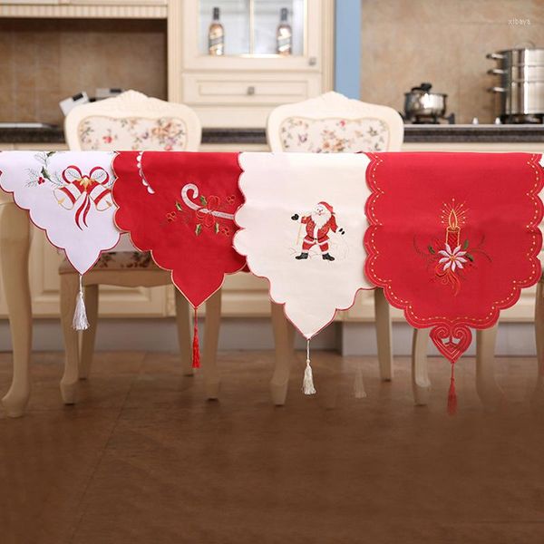 Decorações de Natal Mesa vermelha de cetim Bordado Tonela de mesa Capas de pano de bandeira criativa para decoração de festa em casa