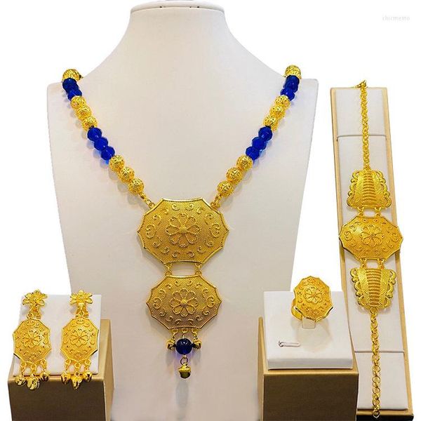 Collana Orecchini Set Gioielli di lusso color oro Dubai Africa India Etiopia Matrimonio Sposa Etnico Conjuntos Feminino Elegante Bijux