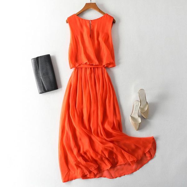 Casual Dresses Sommer Vintage Strandkleid Frauen Lange Party Orange Vestidos Ärmellos Boho 200% Echte Seide Elegant 299022
