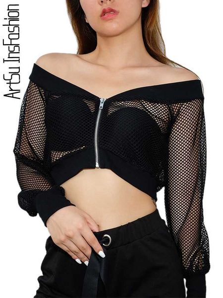 Женская футболка Artsu Summer 2022 Black Mesh Top с длинным рукавом от плеча Сексуальная клуба носить короткие футболки фитнес