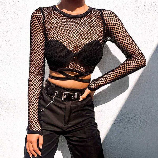 Kadın T-Shirt Siyah Seksi iç çamaşırı geliyor örgü goth uzun kollu tişört içi boş balık see-through fishnet üstleri yaz sokak kıyafetleri kadın giyim p230328