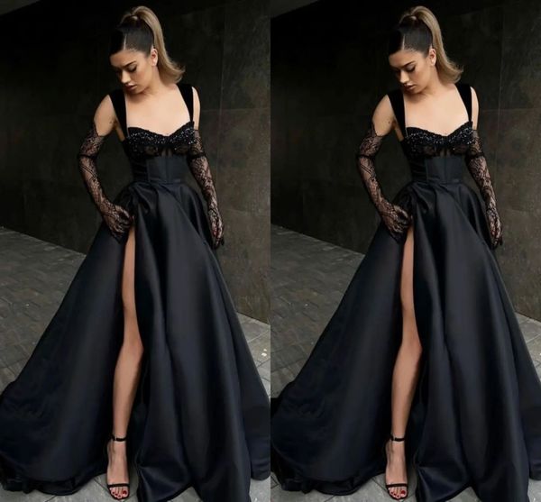 DUBAI Árabe A Linha Vestidos de baile para mulheres Black Girls Sweetheart Spaghetti tiras de renda com miçangas laterais laterais altas do piso