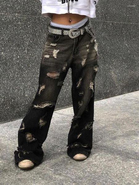 Kadınlar Kot Wwiyao 2000s Sokak Tarzı Yırtık Bollgy Siyah Kırmıkan Denim Pantolon Kadınlar Kesildi Düşük Yüksek Düz Pantolon Y2K Grunge Basic