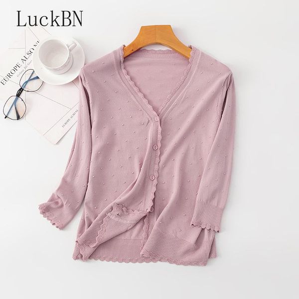 Maglia da donna T-shirt Estate Ghiaccio Seta Protezione solare Cardigan Maglione Sottile Scialle fresco Manica a tre quarti Camicia con aria condizionata Giacca bianca 202