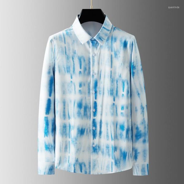 Мужские повседневные рубашки Minglu Blue Shades Мужской роскошный с длинным рукавом геометрический рисунок печати просто