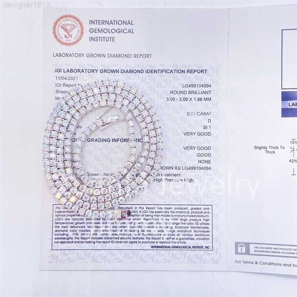 Collana con diamanti Moissanite di design per uomo Catena cubana Certificati di lusso 3mm Gioielli coltivati in laboratorio Oro reale 10k Bracciale tennis personalizzato Link Regalo Rggw