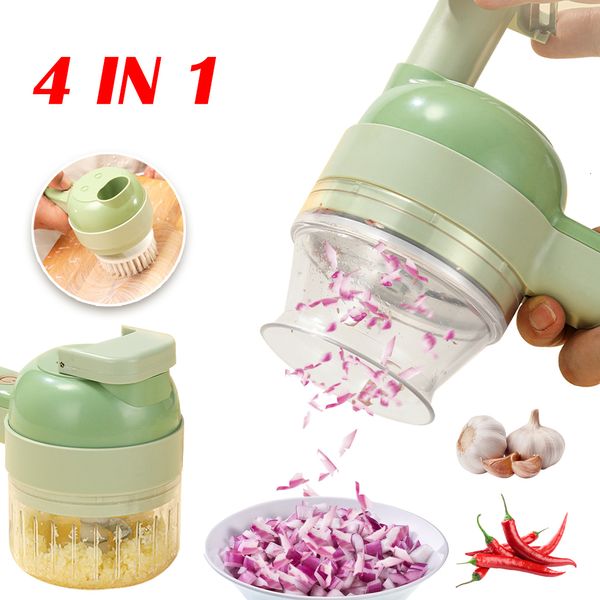 Utensili per frutta e verdura 4 in1 Affettatrice elettrica multifunzionale per verdure Affettatrice per aglio, fango, schiacciapatate, tritatutto, fetta di cibo, mixer, ricarica USB 230328