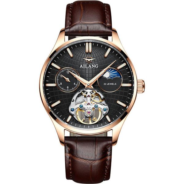 Orologi da polso da uomo in pelle d'affari orologi meccanici di lusso impermeabile cassa in oro rosa tourbillon orologio automatico luminoso 8607DLorologi da polso