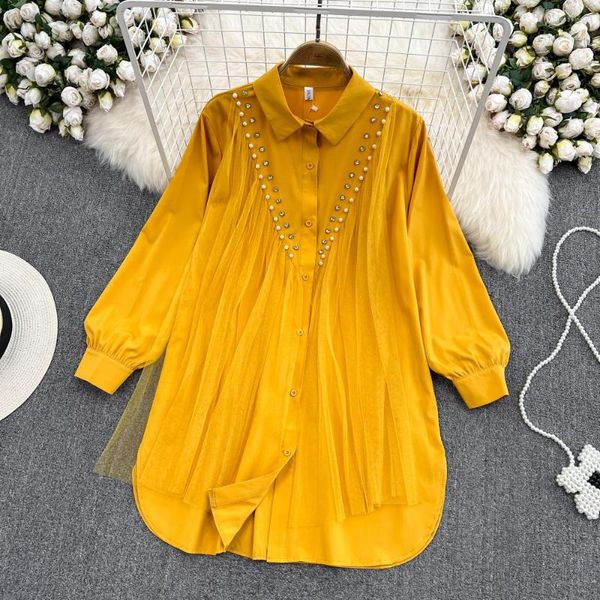 Frauen Blusen 2023 Frühling Frauen Perlen Bluse Koreanische Design Mesh Perlen Hemd Langarm Chiffon Einfarbig Weibliche