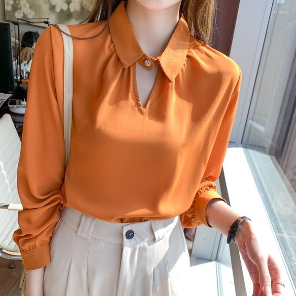 Camicette da donna Camicie da donna Top e camicetta Chiffon coreano Femme Blusas Pullover a maniche lunghe tinta unita Bottone Elegante Drop Orange 1562