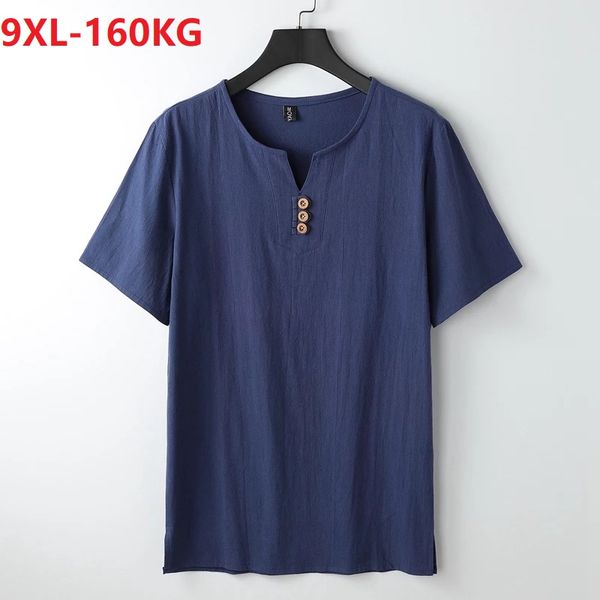 Männer T-Shirts Sommer Plus Größe 7XL 8XL 9XL Chinesischen Stil Kurzarm T-shirt Männer Leinen Vintage Tees Big Übergroße V-ausschnitt 150 KG BlueMen's