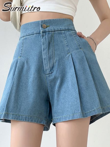 Shorts femininos SURMIITRO M-5XL Moda de verão coreana perna larga Jeans azul jeans Women Women High Waist Short Feminino com bolsos 230328