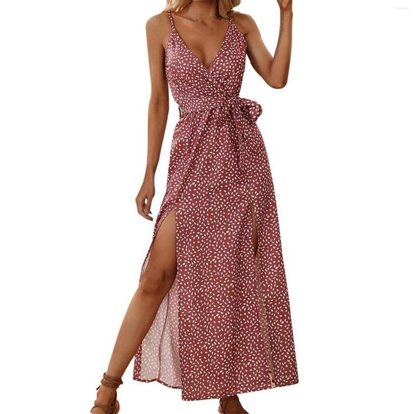 Abiti casual estivi per donna 2023 taglie forti scollo a V vintage svasato linea A maxi abito con cinturino per spaghetti occasione formale