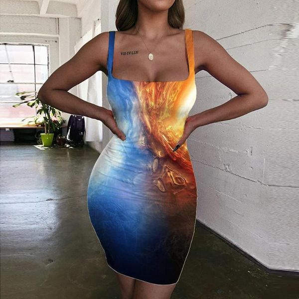 Casual Kleider Giyu Marke Flamme Kleid Frauen Blau Sommerkleid Hip Hop 3d Druck Damen Kleidung Mini Abend Kurz Koreanischen Stil femmeCasual