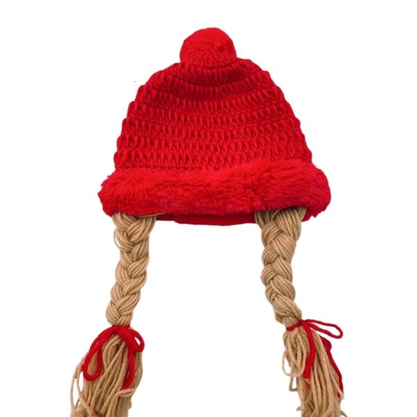 Mützen Hüte Warme weiche Plüschkugel Pompom Kinder handgemachte Strickmütze mit Zöpfen Kinder Herbst Winter Mode Perücken Hut Zöpfe Motorhaube 230328