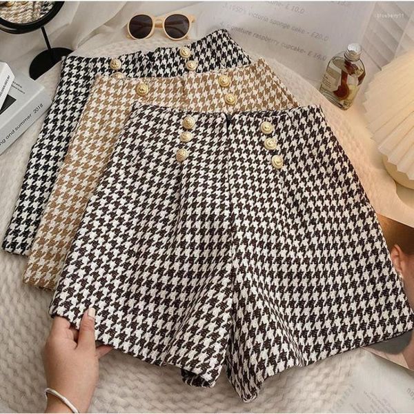 Frauen Shorts Zweireiher High-taille Tweed Kurze Weibliche A-linie Breite bein Casual Frauen Herbst 2023