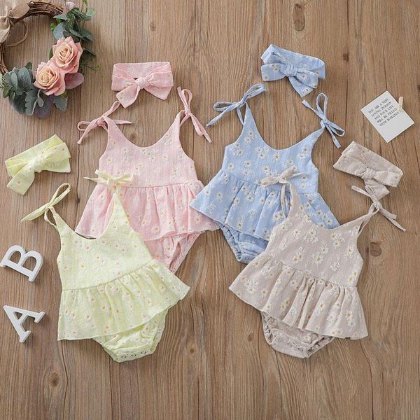 Rompers meninas meninas roupas de verão traje margarida estampar romper racied-up sling sleeveless trajes casuais 0-24m roupas 2023