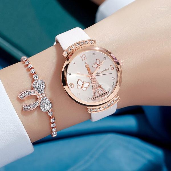 Нарученные часы бабочка Железная башня Дизайн бриллиант часы для женщин 2023 Модные роскошные кожаные кварцевые часы женские часы подарки девушки Moun22