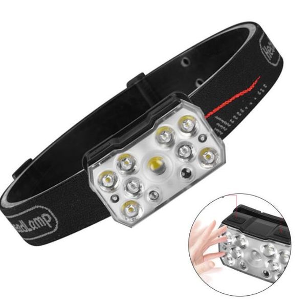 Sensor-Stirnlampen, 9 LED-Scheinwerfer, hellste Typ-C-wiederaufladbare Stirnlampe, 6 Beleuchtungsmodi, rote Warnleuchten für Sicherheit, Radfahren, Laufen, Wandern, Camping