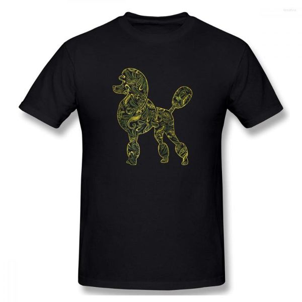 Camisetas masculinas Poodle Dog in Gold Paisley Padrão gráfico engraçado básico Manga curta Camiseta amiga Camisa dos EUA Tamanho