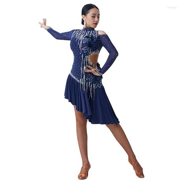 Bühnenkleidung L-2045 Lateinisches Tanzkleid Wettbewerbskostüme Rock Darstellende Kleider Strasssteine Anpassen der Größe Dunkelblau Zu verkaufen