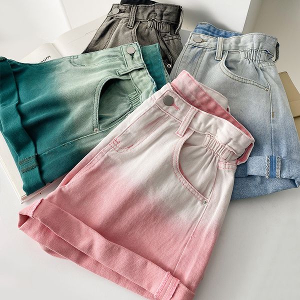 Damen-Shorts, Vintage-Farbverlauf, Denim-Shorts, Damen, Sommer, hohe Taille, schlankmachend, rosa, kurze Jeans, bunt, lässig, weites Bein, Bördelnde Shorts, 230328