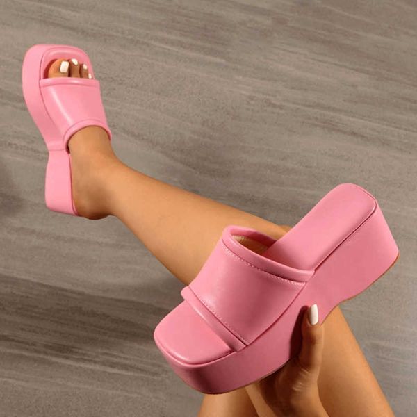 Hausschuhe Liyke Sommer Rosa Keil Hausschuhe Frauen Plattform Sandalen Gemütliche Leder Peep Toe Slip Auf High Heels Casual Strand Rutsche Schuhe weibliche Z0328