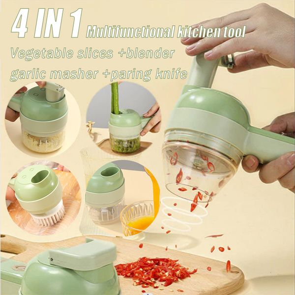 Ferramentas de vegetais de frutas 4 in1 Corte de vegetais elétricos multifuncionais Rotate Slicer Garlic Mud Masher Chopper Chopper Cutting Pression Mixer Food Slice 230328