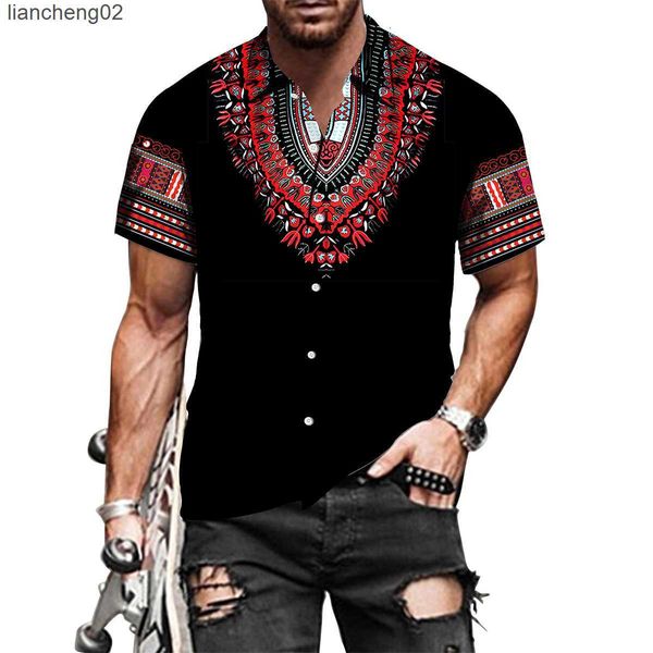 Мужские повседневные рубашки Мужские винтажные летние африканские этнические примитивные племенные племенные рубашки 3D -печати