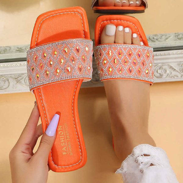 Terlik Kadınlar Rhinestone Dekor Düz Sandalet Glamoor Pembe Plastik Slayt Sandalet 2023 Yaz Yeni Açık Terlik Sıradan Kadın Ayakkabı G230328