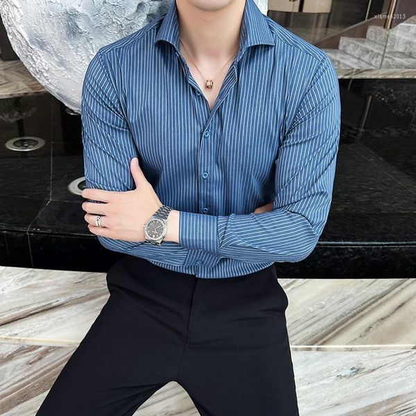 Camicie casual da uomo Uomo Hight Quality Business Slim Fit Camicia a maniche lunghe Chemise a righe Abito da ufficio formale maschile Plus Size 2XL