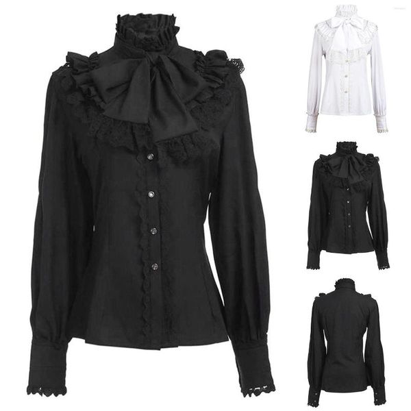 Женские блузки готические викторианские викторианские блуза Женщины Ол -офисные дамы бизнеса черная рубашка высокая шея рубашки с рубашками