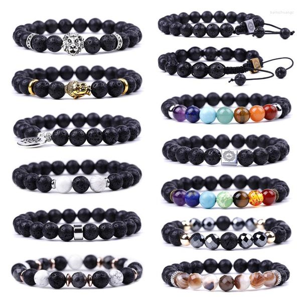 Strand etnik 8mm siyah lav boncuklar erkekler için bilezikler kadınlar yoga reiki 7 çakra buddha kafa taş ip örgülü bilezik takı