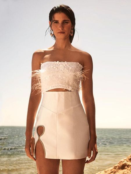 Zweiteiliges Kleid Sexy im trägerlosen Pailletten-Federjacke-Minirock für Damen, zweiteilig, weiß, rosa, eng anliegendes Design, Party-Set 2023