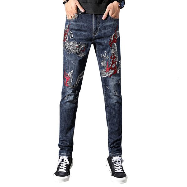 Calça masculina tatuagem mens de desgrono bordado de bordado de jeans fit