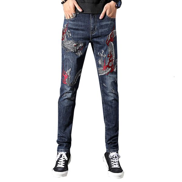 Herrenhose Tattoo Herren Desgin Drachenstickerei Stretch Slim Fit Jeans Junger Mann Cowboy Baumwolle Lässige gerade Denimhose 230328