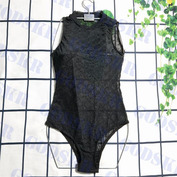 Biquíni preto de renda feminino peça única roupa de banho sexy sem mangas para mulheres bodysuit maiô