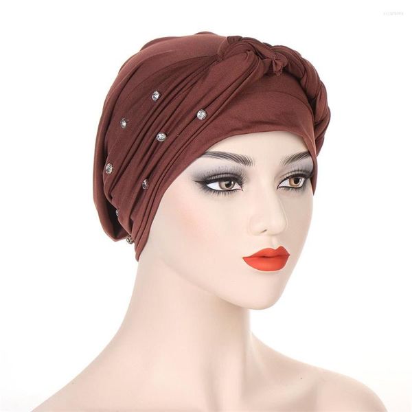 Abbigliamento etnico Cura dei capelli delle donne Maglia islamica Foulard con strass Hijab musulmano Perline Treccia avvolgente Turbante elasticizzato Cappello Chemio Cap