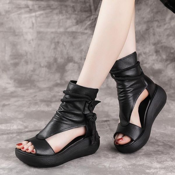 Sandalet Comemore Kadınlar Yaz Roman Botlar Orta Topuklu Kama Ayakkabıları Bayanlar Vintage Pu Deri Sandalyas Mujer Sapato Feminino 230328