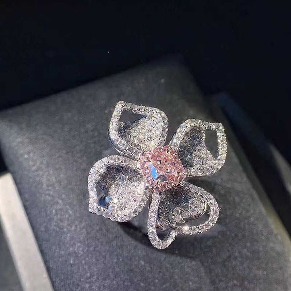 Anéis de banda Anel de noivado feminino e feminino Anel elegante com flores grandes em cristal de zircão rosa, luxuoso em prata Z0327