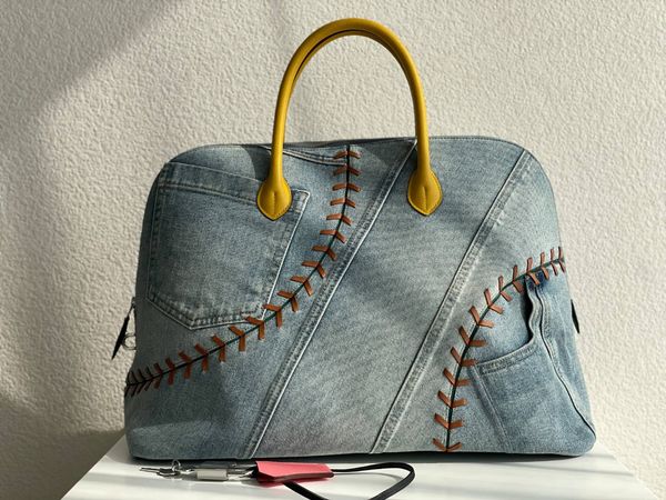 45cm tote çanta erkek çanta lüks çanta sınırlı tasarım toppest tamamen el yapımı kaliteli jean bezi ile jean bez dikiş gümüş donanım