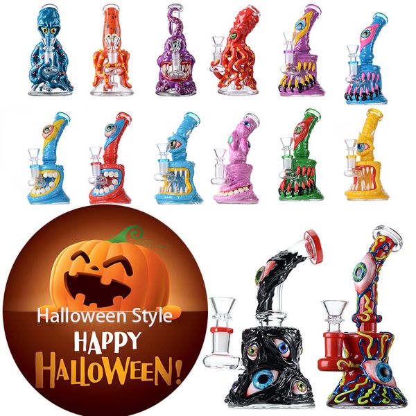 Bongs de vidro estilo Halloween exclusivos Cachimbos de água Cachimbos de água Chuveiro Perc Polvo Óleo Dab Rigs Bong Bong 5 mm de espessura Mini Wax Rigs com tigela