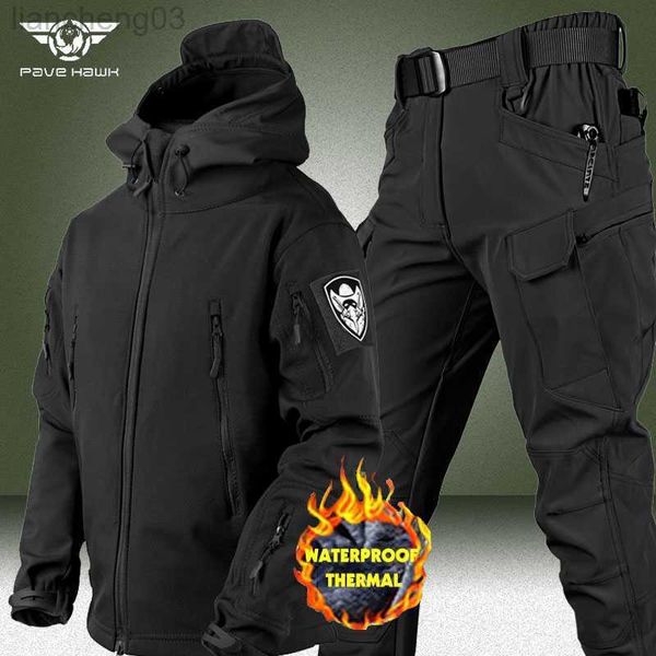 Tute da uomo Autunno Inverno Set tattici impermeabili Outdoor Soft Shell militare Escursionismo Giacca da caccia Tuta con cappuccio in pile Tute calde Set W0328