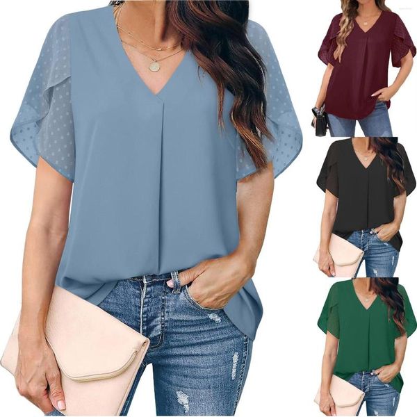 Bloups feminina Mulheres V Cinzel de pescoço Blusa de cor lisa Pleased Womens de mangas curtas camisetas com tops de algodão de algodão para o algodão para