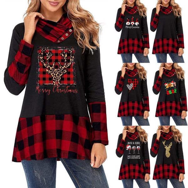 Felpe con cappuccio da donna Felpe autunno e inverno Donna Casual Plaid natalizio Camicie stampate Manica lunga Collo alto Camicetta Camicetta Cappuccio