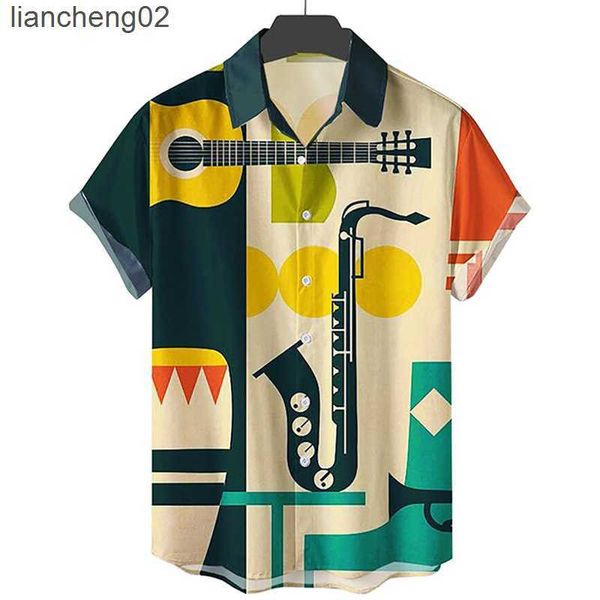 Мужские повседневные рубашки 2022 Мужские рубашки мужские гавайские повседневные рубашки музыкальные инструменты напечатанные пляжные блузки с короткими рукавами Camicias W0328